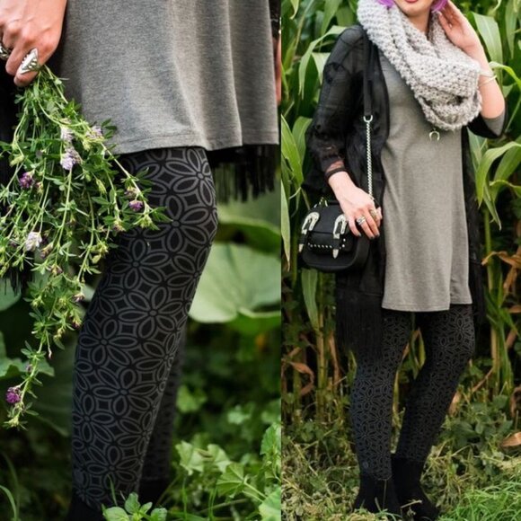 sweetlegs Pants - SweetLegs Grey Black Floral Leggings Soft One Size High Rise Stretch Pants Print